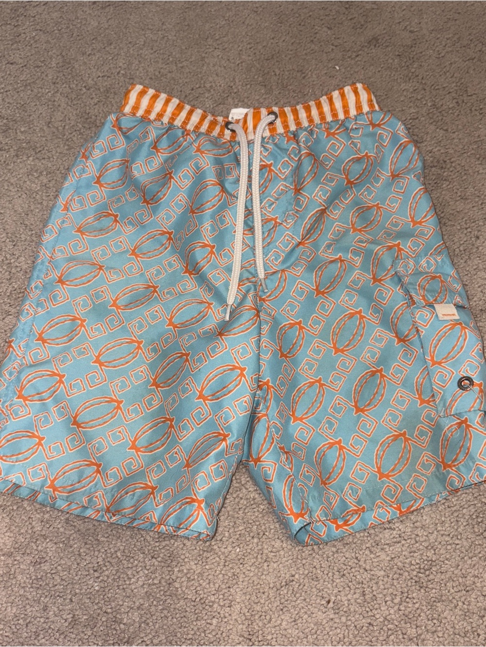 Boy’s Light Blue & Orange Patterned Swim Trunks Size: 6